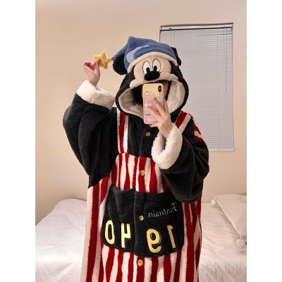 韩版卡通米奇毛绒睡裙女秋冬季