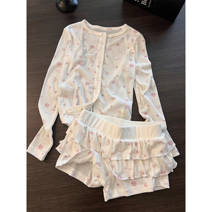 大码 纯欲少女印花睡衣套装 荷叶边新款 短裤 可外穿家居服 女早春长袖