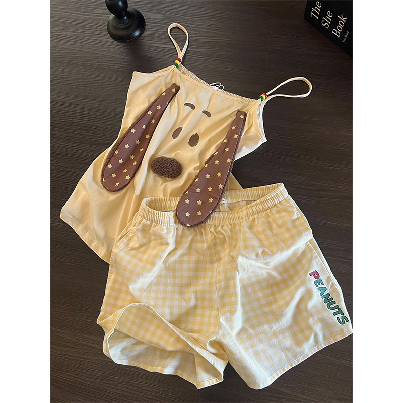 软萌可爱卡通吊带睡衣女夏季舒适格纹短裤超柔软家居服套装可外穿