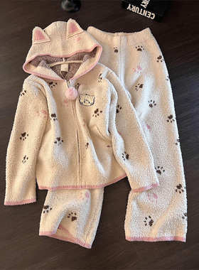 甜美少女可爱猫爪印花连帽半边绒睡衣女秋冬季新款加厚家居服套装