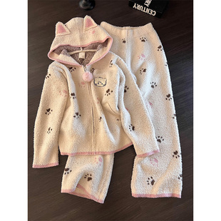 甜美少女可爱猫爪印花连帽半边绒睡衣女秋冬季新款加厚家居服套装