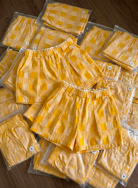 日系风黄色格纹睡裤少女夏季新款凉感家居服舒适松紧腰可外穿短裤
