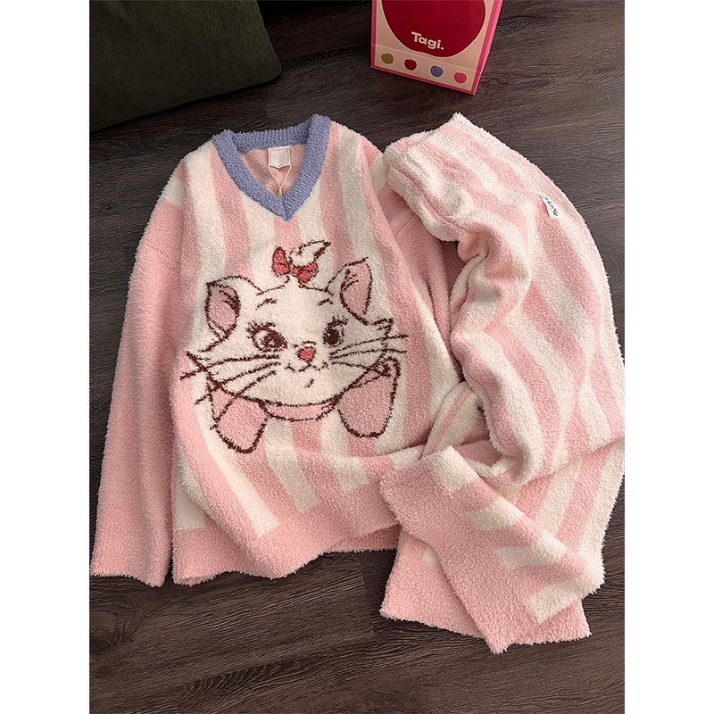 印花少女毛绒针织睡衣女秋冬季