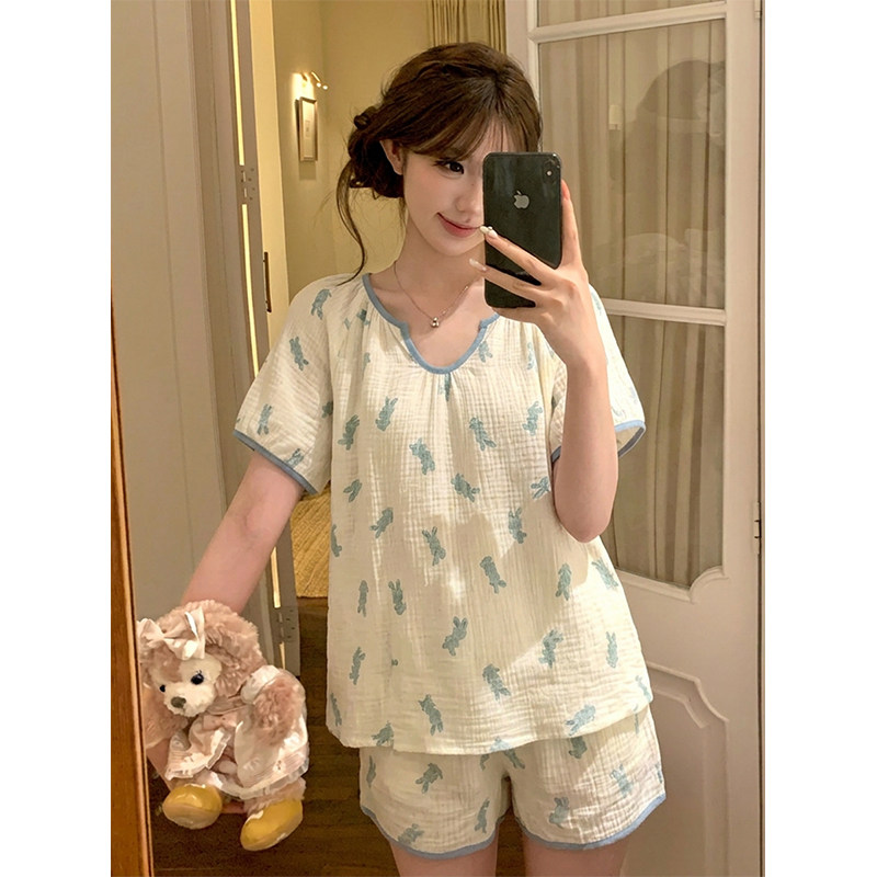 日系少女可爱兔子印花睡衣女夏季短袖短裤超柔软家居服套装可外穿