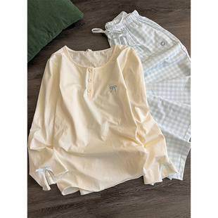 家居服格子两件套 新款 简约慵懒风少女蝴蝶结长袖 德绒睡衣女秋冬季