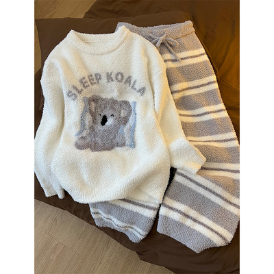 韩系可爱考拉印花柔软长袖睡衣女秋冬季新款半边绒家居服套装外穿