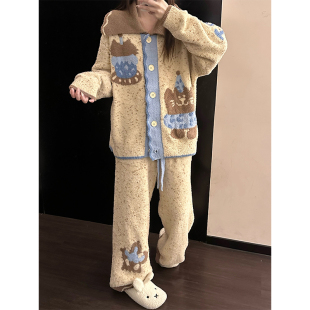 甜美可爱少女卡通半边绒睡衣女冬季慵懒风可外穿毛绒家居服套装