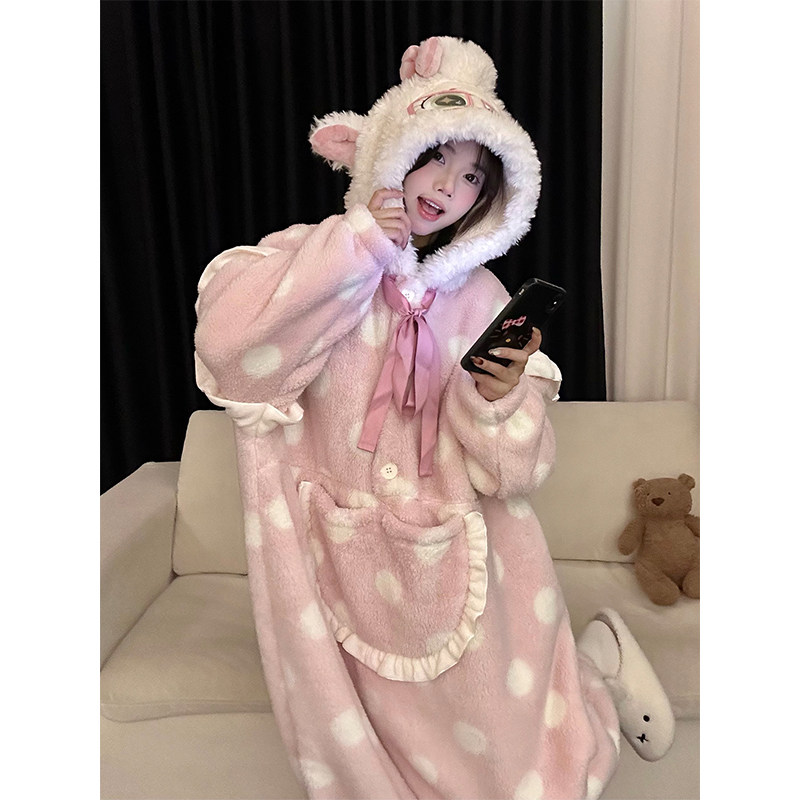 纯欲可爱风波点粉色连帽长袖睡袍女秋冬季可外穿毛绒家居服设计感