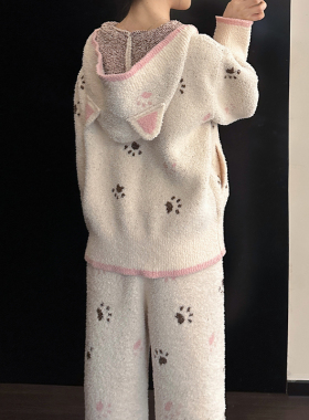 甜美少女猫爪印花撞色连帽半边绒睡衣女秋冬季新款宽松家居服套装