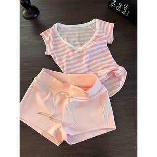 温柔风粉色条纹短袖睡衣女夏季舒适短裤超柔软家居服两件套可外穿