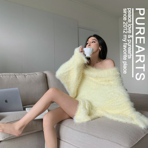 露肩复古宽松貂绒设计小众毛衣裙