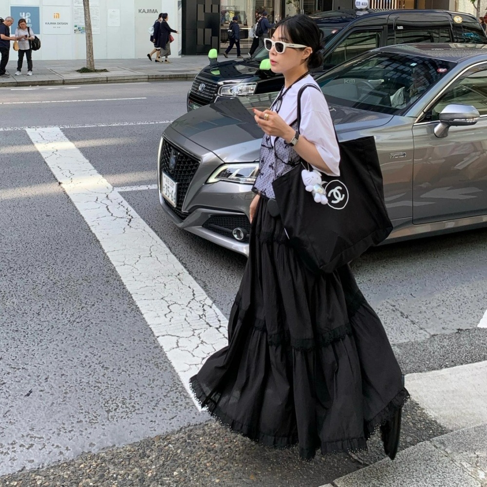 超美蕾丝混搭蛋糕长裙