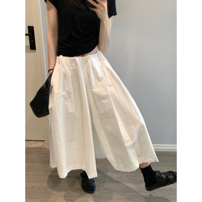 Awencoat 白色阔腿裤女夏腰部褶皱设计感宽松松紧腰七分休闲裙裤