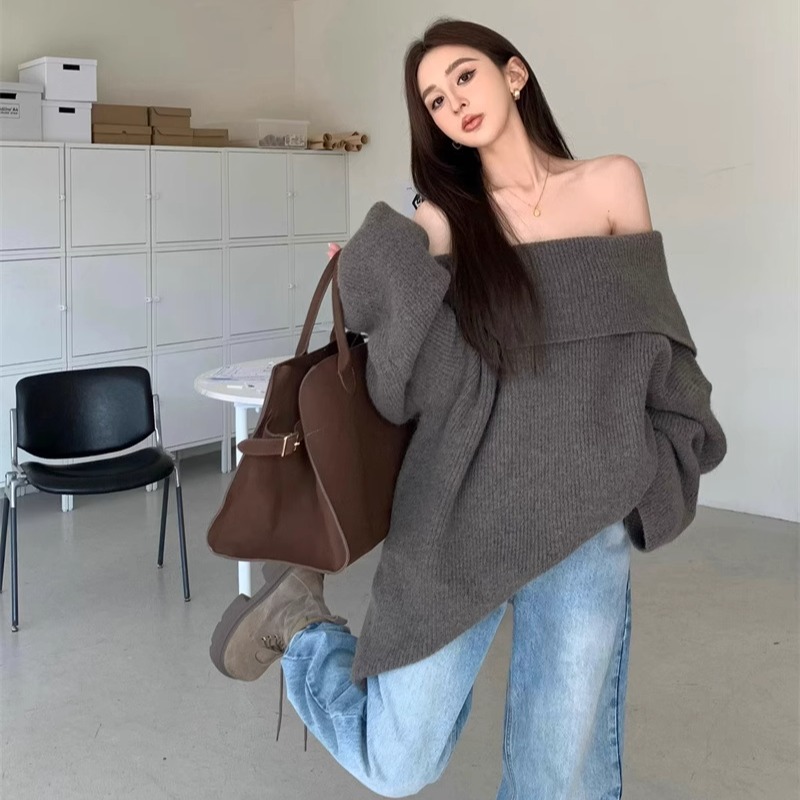 法式超宽松大码一字领显瘦大毛衣
