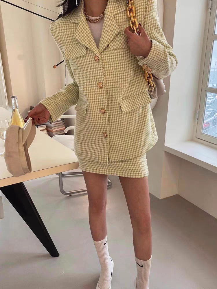 高级感小香风西装套装 复古千鸟格西服miu系格纹西装半身裙两件套