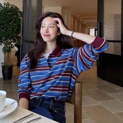 韩版小众polo领条纹撞色长袖卫衣女复古松弛慵懒上衣叠穿翻领T恤