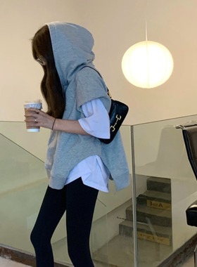 PS韩国宽松连帽卫衣2021秋冬慵懒男友风ins百搭不规则马甲大码女