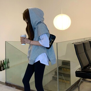 PS韩国宽松连帽卫衣2021秋冬慵懒男友风ins百搭不规则马甲大码女