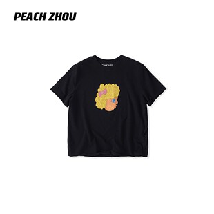PEACHZHOU 卷发女孩印花正肩宽松圆领短袖松弛小版型卡通T恤#5206