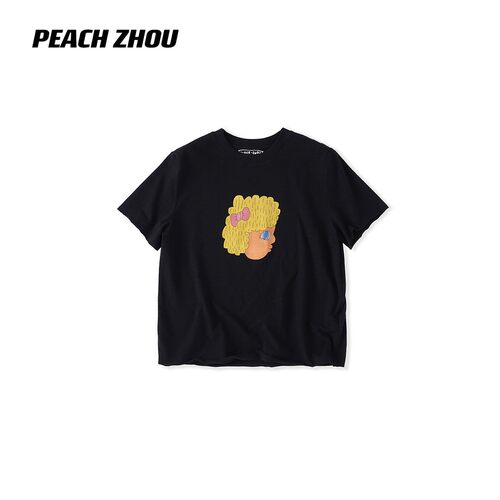 PEACHZHOU 卷发女孩印花正肩宽松圆领短袖松弛小版型卡通T恤#5206