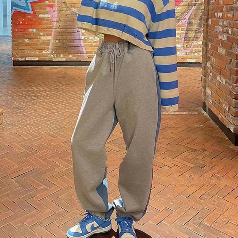 拼接牛仔运动裤束腿棉裤