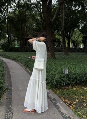 PEACHZHOU 和纸纱针织拼接卷边长裙 慵懒松弛圆领纯欲连衣裙#5170