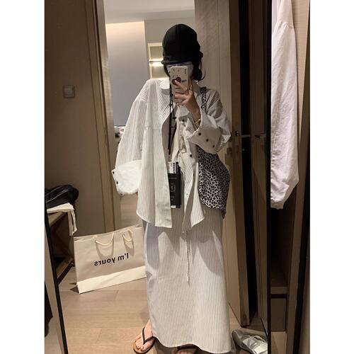 3187# OHLABABY超好看宽松慵懒风棉麻条纹长袖衬衫女春夏