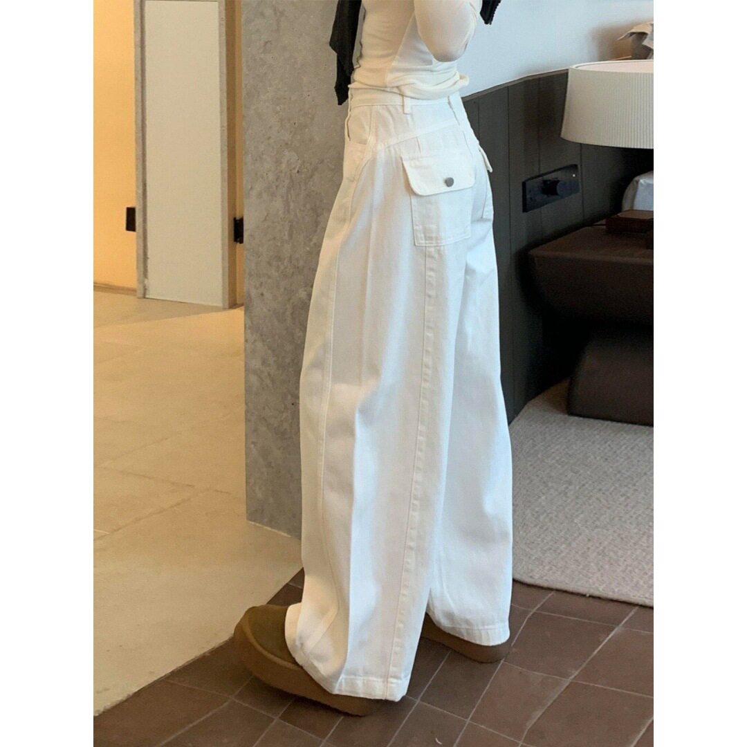 白色弯刀牛仔裤女2026春新款小众设计感高腰显瘦宽松休闲阔腿裤子