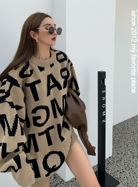 PS复古慵懒风字母宽松毛衣女2021冬韩国oversize中长款针织衫上衣