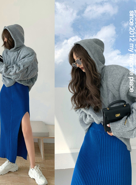 PS冬季新款慵懒风复古麻花毛衣套装 连帽套头宽松针织两件套