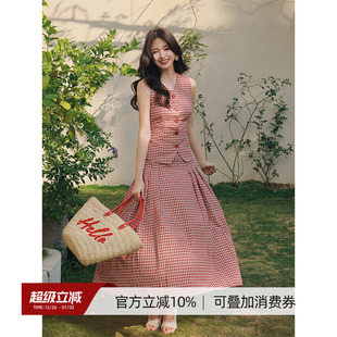 高腰半身裙两件套 V领格纹背心马甲 Haze禾枝 知识分子少女感无袖