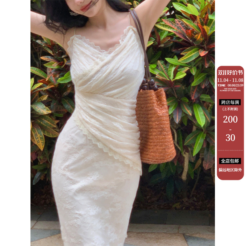Haze禾枝《月桂女神》蕾丝亮片吊带裙女夏气质修身显瘦包臀连衣裙
