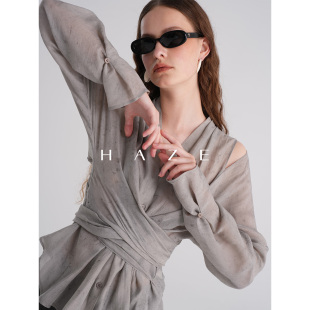 复古衬衫 Haze禾枝 交叉绑带露肩v领衬衣收腰显瘦设计感小众长袖