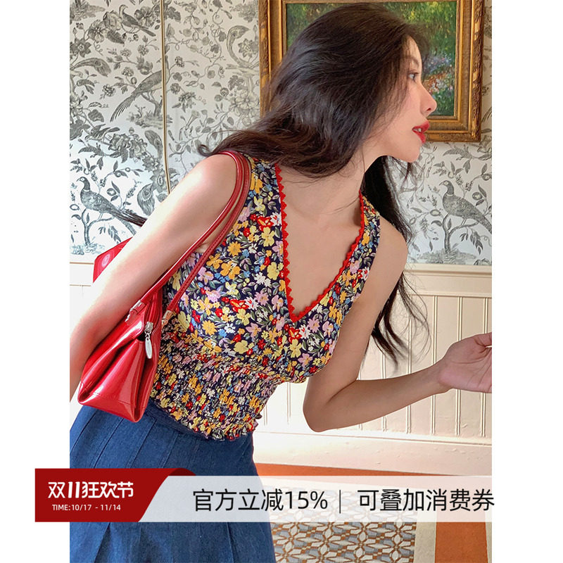 Haze禾枝  港风复古v领吊带背心女2023夏季新品无袖短款