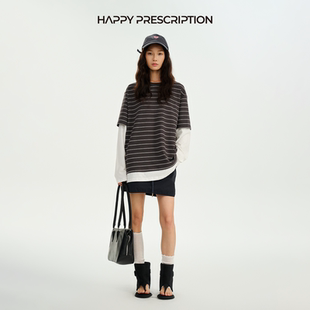 Happy Prescription 快乐药方条纹拼接圆领假两件长袖T恤