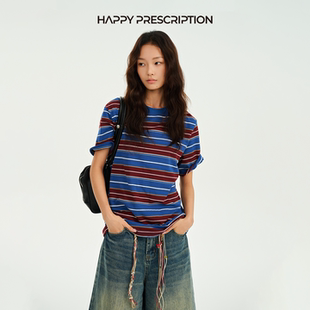 Happy Prescription 快乐药方复古彩色条纹廓形圆领T恤