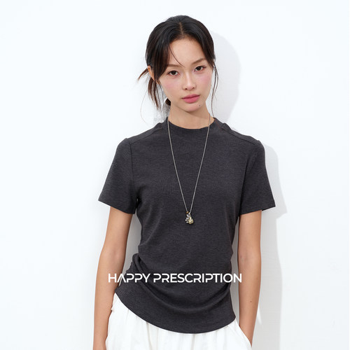 Happy Prescription 抽褶短袖T简约宽松女装圆领上衣