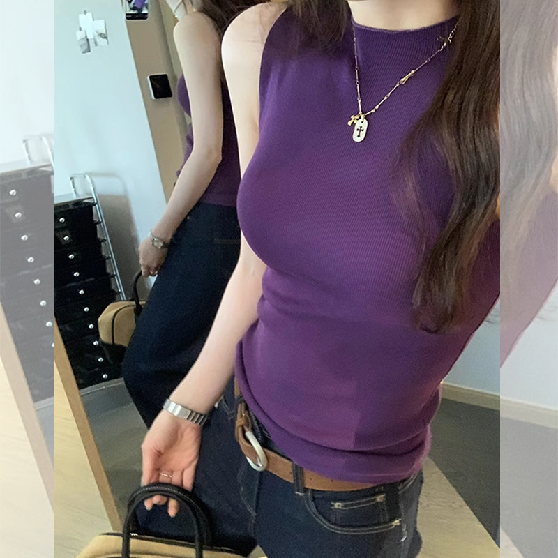 夏季半高领紫色针织吊带背心女士设计感小众修身无袖辣妹打底上衣