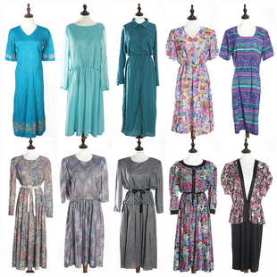 春秋装复古古着vintage浅色系花柄花朵宫廷风百褶长款连衣裙