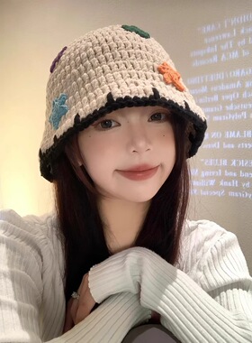 可爱星星针织渔夫帽子女秋冬韩版百搭显脸小毛线盆帽大头围水桶帽