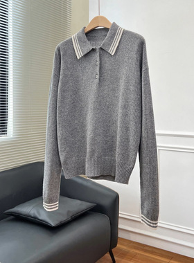 纯Y 羊毛学院风撞色缪家Polo针织衫翻领女装上衣气质减龄弹力舒适