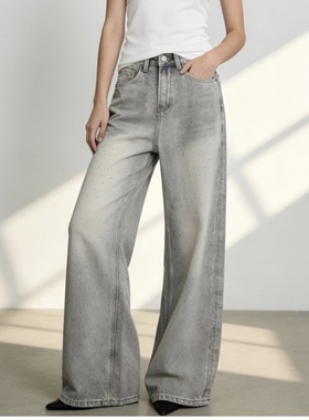 缪家26满天星阔腿牛仔裤春季新款宽松直筒闪钻牛仔裤女