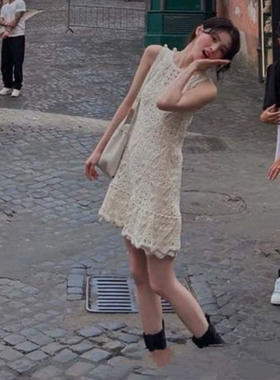 非市场货  韩素希同款蝴蝶镂空提花针织连衣裙名媛千金气质背心裙