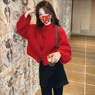 软糯绞花红色毛衣外套女冬季感新年圣诞短款针织开衫2026春款