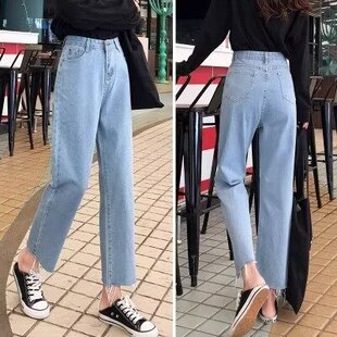 春季韩版高腰牛仔裤女学生显瘦显高小个子百搭直筒裤九分裤潮图案