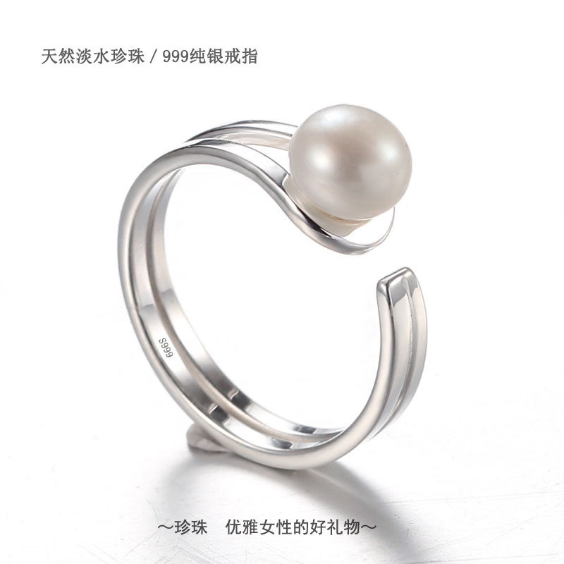 原创设计999纯银天然淡水珍珠戒指女日韩版百搭个性手工开口戒指