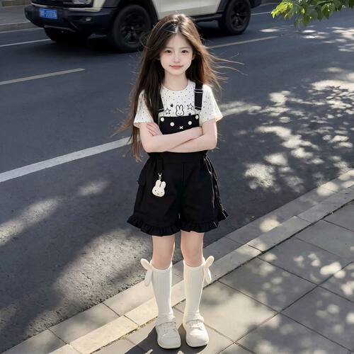 中大童女童夏套装背带裤2026新款女孩夏日韩系穿搭儿童巨好看短袖