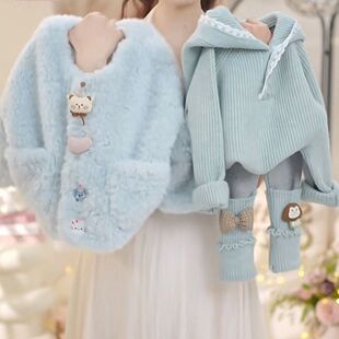 女童秋冬套装2025新款洋气加厚毛毛外套连帽毛衣加绒打底裤三件套