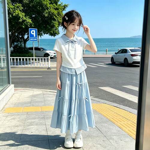 女童2026夏季学院风韩系假两件短袖搭配洋气半身裙学生两件套装