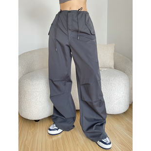纸袋裤 欧美复古辣妹街头宽松显瘦高腰抽绳束脚阔腿裤 裤 工装 女薄款
